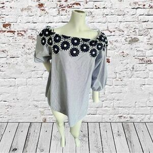 Ann Taylor LOFT Daisy Floral Lace Off The Shoulder Top Blue & white Size Medium
